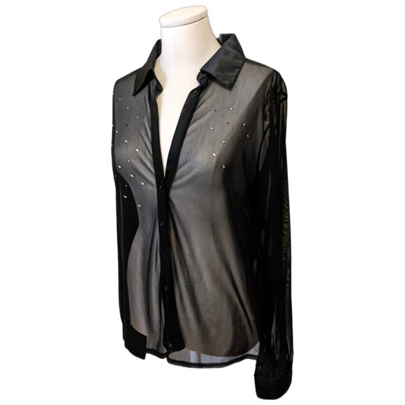 The Limited Black Mesh Beaded Blouse Sheer Button Up Gothic Whimsygoth XL - Picture 2 of 12